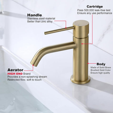 Brushed Gold Bathroom Faucet, Single Handle Brass Sink Faucet Bathroom Single Hole with Pop Up Sink Drain Assembly and Water Faucet Supply Lines.