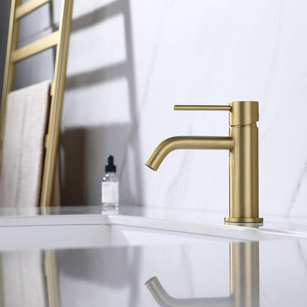 Brushed Gold Bathroom Faucet, Single Handle Brass Sink Faucet Bathroom Single Hole with Pop Up Sink Drain Assembly and Water Faucet Supply Lines.