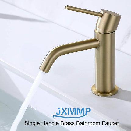 Brushed Gold Bathroom Faucet, Single Handle Brass Sink Faucet Bathroom Single Hole with Pop Up Sink Drain Assembly and Water Faucet Supply Lines.