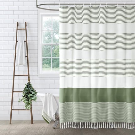 Sage Green Shower Curtain Cotton Boho Striped Shower Curtains for Bathroom with Tassel 72 X 72.