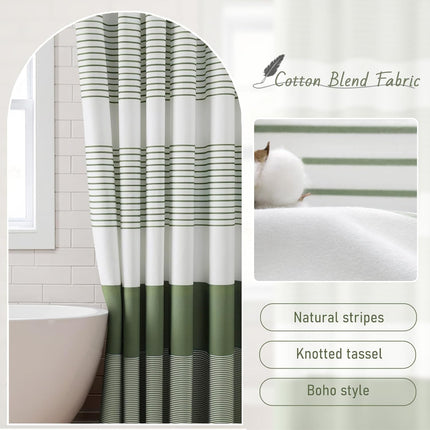 Sage Green Shower Curtain Cotton Boho Striped Shower Curtains for Bathroom with Tassel 72 X 72.