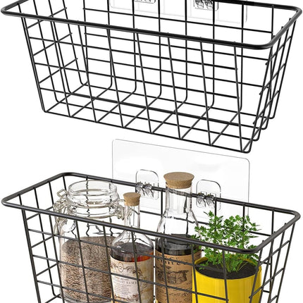 Hanging Kitchen Baskets Wire Storage Basket Over the Cabinet Door Organizer, No Drilling Adhesive Basket for Cabinet Pantry Organization and Kitchen, Bathroom, Storage, 2 Pack, Black.