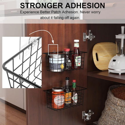 Hanging Kitchen Baskets Wire Storage Basket Over the Cabinet Door Organizer, No Drilling Adhesive Basket for Cabinet Pantry Organization and Kitchen, Bathroom, Storage, 2 Pack, Black.