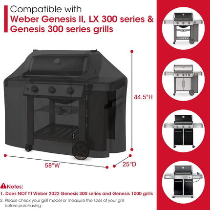 58 Inch Grill Cover for Weber Genesis II, LX 300 Series and Genesis 300 Series Gas Grills, Heavy Duty Waterproof Fade Resistant BBQ Cover, All Weather Protection, Compared to Weber 7130.