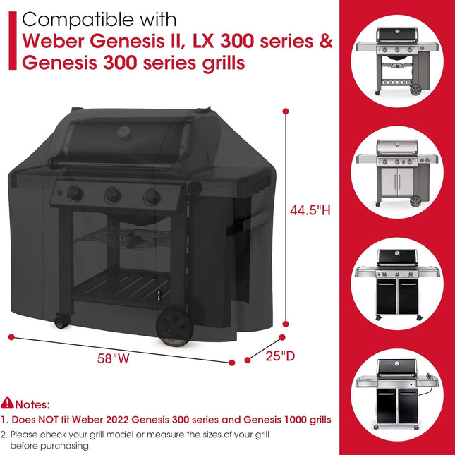 58 Inch Grill Cover for Weber Genesis II, LX 300 Series and Genesis 300 Series Gas Grills, Heavy Duty Waterproof Fade Resistant BBQ Cover, All Weather Protection, Compared to Weber 7130.
