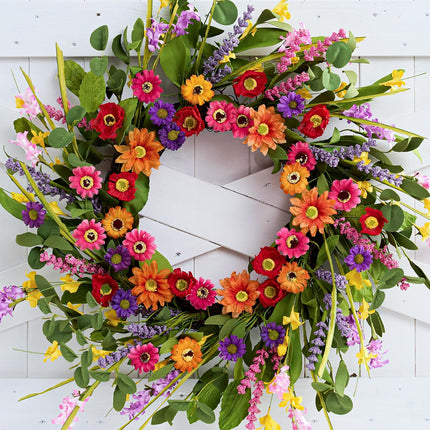 Artificial Spring Wreath 22 Inch Summer Wreaths for Front Door with Green Eucalyptus Leaves Pink Daisy Lavender Spring Door Wreath for Farmhouse Wall Wedding Home Porch Easter.