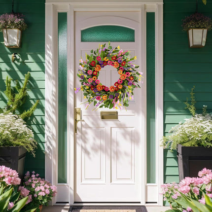 Artificial Spring Wreath 22 Inch Summer Wreaths for Front Door with Green Eucalyptus Leaves Pink Daisy Lavender Spring Door Wreath for Farmhouse Wall Wedding Home Porch Easter.