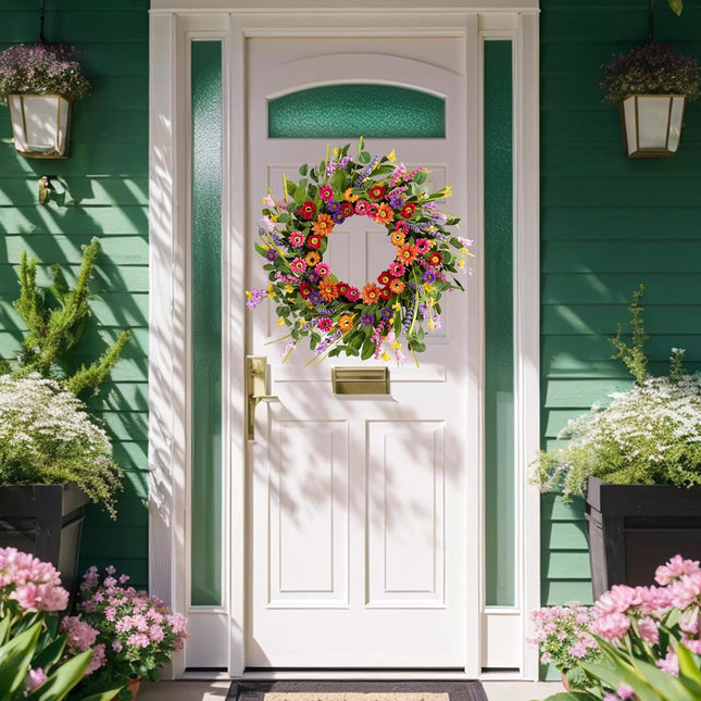 Artificial Spring Wreath 22 Inch Summer Wreaths for Front Door with Green Eucalyptus Leaves Pink Daisy Lavender Spring Door Wreath for Farmhouse Wall Wedding Home Porch Easter.