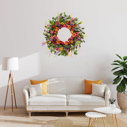 Artificial Spring Wreath 22 Inch Summer Wreaths for Front Door with Green Eucalyptus Leaves Pink Daisy Lavender Spring Door Wreath for Farmhouse Wall Wedding Home Porch Easter.