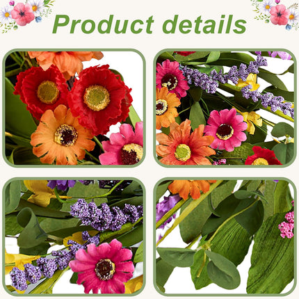Artificial Spring Wreath 22 Inch Summer Wreaths for Front Door with Green Eucalyptus Leaves Pink Daisy Lavender Spring Door Wreath for Farmhouse Wall Wedding Home Porch Easter.