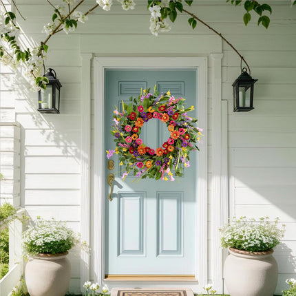 Artificial Spring Wreath 22 Inch Summer Wreaths for Front Door with Green Eucalyptus Leaves Pink Daisy Lavender Spring Door Wreath for Farmhouse Wall Wedding Home Porch Easter.
