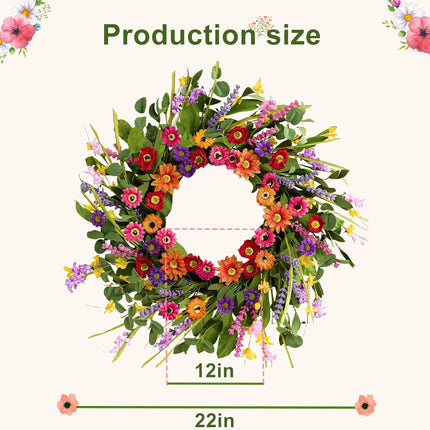 Artificial Spring Wreath 22 Inch Summer Wreaths for Front Door with Green Eucalyptus Leaves Pink Daisy Lavender Spring Door Wreath for Farmhouse Wall Wedding Home Porch Easter.