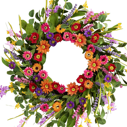 Artificial Spring Wreath 22 Inch Summer Wreaths for Front Door with Green Eucalyptus Leaves Pink Daisy Lavender Spring Door Wreath for Farmhouse Wall Wedding Home Porch Easter.
