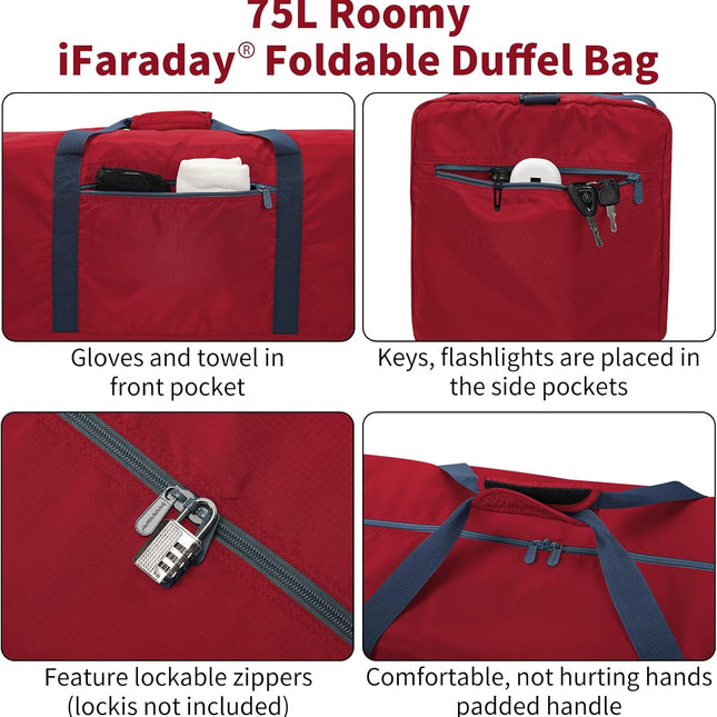 Foldable Duffle Bag 30 inch 75L Large Lightweight Luggage Bag for Travel Camping Storage-Red.
