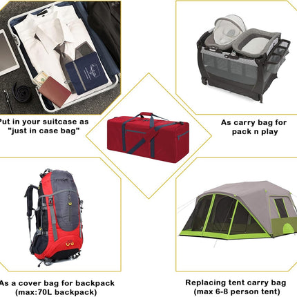 Foldable Duffle Bag 30 inch 75L Large Lightweight Luggage Bag for Travel Camping Storage-Red.