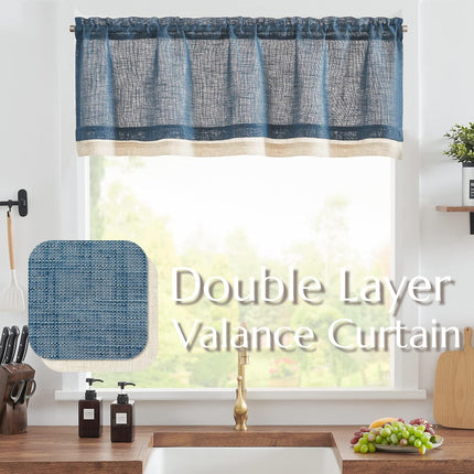 Linen Valance for Farmhouse Living Room Windows 16 Inch Slubbed Crossed Double Layer Window Valance Light Filtering Rustic Country Overlay Rod Pocket 1 Panel Navy Blue.