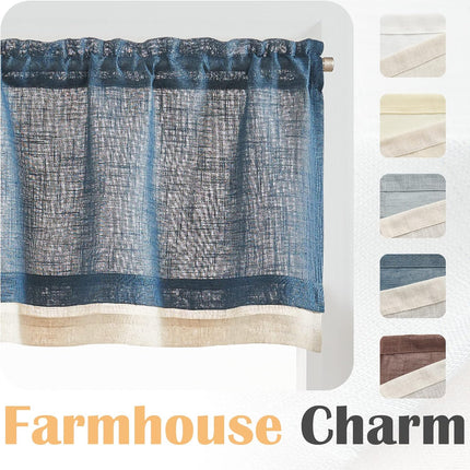 Linen Valance for Farmhouse Living Room Windows 16 Inch Slubbed Crossed Double Layer Window Valance Light Filtering Rustic Country Overlay Rod Pocket 1 Panel Navy Blue.