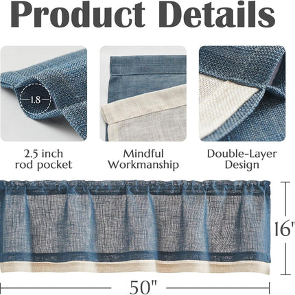 Linen Valance for Farmhouse Living Room Windows 16 Inch Slubbed Crossed Double Layer Window Valance Light Filtering Rustic Country Overlay Rod Pocket 1 Panel Navy Blue.