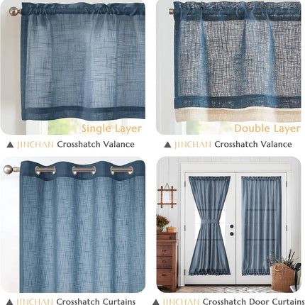 Linen Valance for Farmhouse Living Room Windows 16 Inch Slubbed Crossed Double Layer Window Valance Light Filtering Rustic Country Overlay Rod Pocket 1 Panel Navy Blue.
