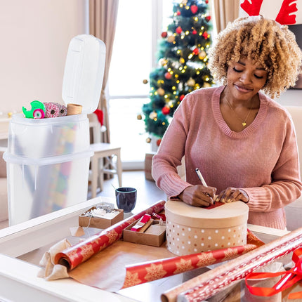 Wrap N' Craft Plastic Wrapping Paper Organizer Storage Container with Top Ornament Storage Compartment for 20 Standard 30 Inch Rolls, Clear.