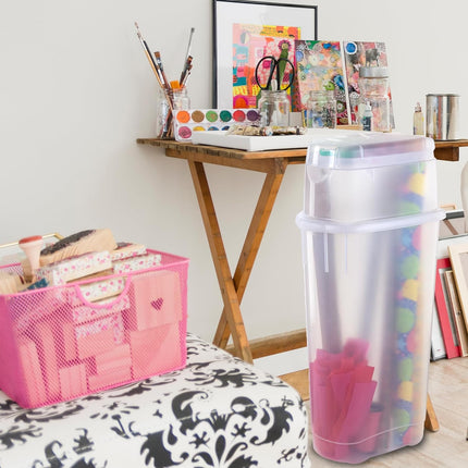Wrap N' Craft Plastic Wrapping Paper Organizer Storage Container with Top Ornament Storage Compartment for 20 Standard 30 Inch Rolls, Clear.