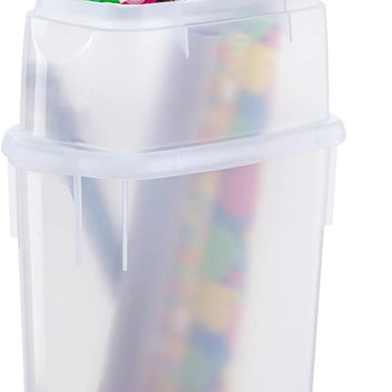 Wrap N' Craft Plastic Wrapping Paper Organizer Storage Container with Top Ornament Storage Compartment for 20 Standard 30 Inch Rolls, Clear.