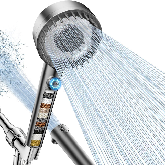 Filtered Shower Head with Handheld, High Pressure 4 Spray Mode Showerhead with Filters, Water Softener Filter Beads for Hard Water with ON/OFF Switch for Pets - Remove Chlorine (Gray).