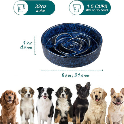 Slow Feeder Dog Bowl, 1.5 Cups Ceramic Slow Feeder for Medium Breed, Puzzle Maze Dog Food Bowl for Fast Eater, Blue.