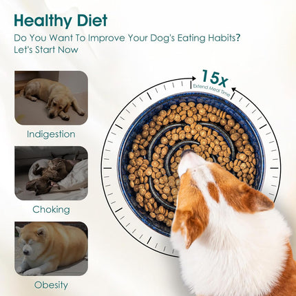 Slow Feeder Dog Bowl, 1.5 Cups Ceramic Slow Feeder for Medium Breed, Puzzle Maze Dog Food Bowl for Fast Eater, Blue.