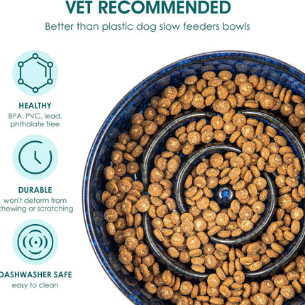 Slow Feeder Dog Bowl, 1.5 Cups Ceramic Slow Feeder for Medium Breed, Puzzle Maze Dog Food Bowl for Fast Eater, Blue.