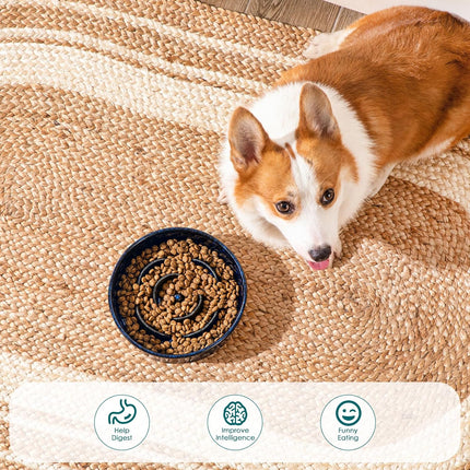 Slow Feeder Dog Bowl, 1.5 Cups Ceramic Slow Feeder for Medium Breed, Puzzle Maze Dog Food Bowl for Fast Eater, Blue.