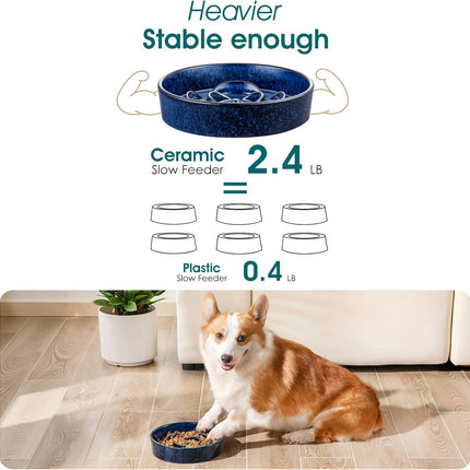 Slow Feeder Dog Bowl, 1.5 Cups Ceramic Slow Feeder for Medium Breed, Puzzle Maze Dog Food Bowl for Fast Eater, Blue.