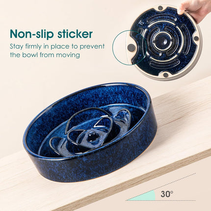 Slow Feeder Dog Bowl, 1.5 Cups Ceramic Slow Feeder for Medium Breed, Puzzle Maze Dog Food Bowl for Fast Eater, Blue.