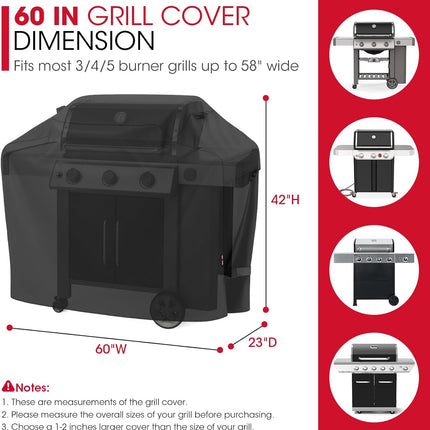 Grill Cover 60 Inch, Heavy Duty Waterproof Gas Grill Cover for Outside, Fade Resistant Outdoor Barbecue Protector, Compatible with Weber Char-Broil Nexgrill BBQs up to 58" Wide.