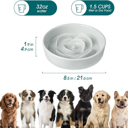 Slow Feeder Dog Bowl, 1.5 Cups Ceramic Dog Food Dish for Fast Eaters Small Breed, Puzzle Bowl for Small Dogs and Cats, Grayish Cyan.
