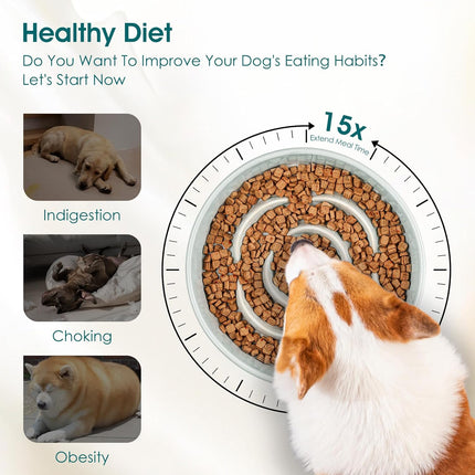 Slow Feeder Dog Bowl, 1.5 Cups Ceramic Dog Food Dish for Fast Eaters Small Breed, Puzzle Bowl for Small Dogs and Cats, Grayish Cyan.