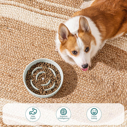 Slow Feeder Dog Bowl, 1.5 Cups Ceramic Dog Food Dish for Fast Eaters Small Breed, Puzzle Bowl for Small Dogs and Cats, Grayish Cyan.