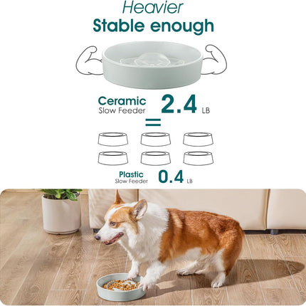 Slow Feeder Dog Bowl, 1.5 Cups Ceramic Dog Food Dish for Fast Eaters Small Breed, Puzzle Bowl for Small Dogs and Cats, Grayish Cyan.