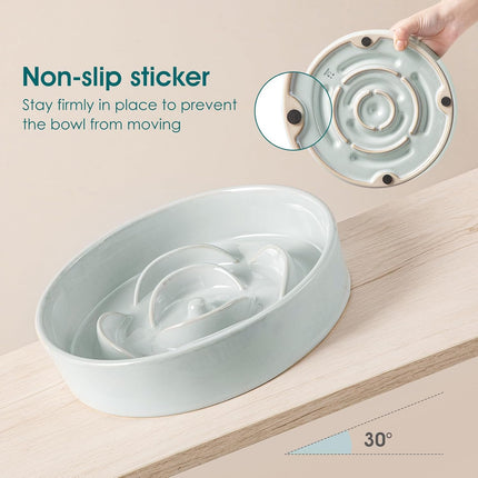 Slow Feeder Dog Bowl, 1.5 Cups Ceramic Dog Food Dish for Fast Eaters Small Breed, Puzzle Bowl for Small Dogs and Cats, Grayish Cyan.