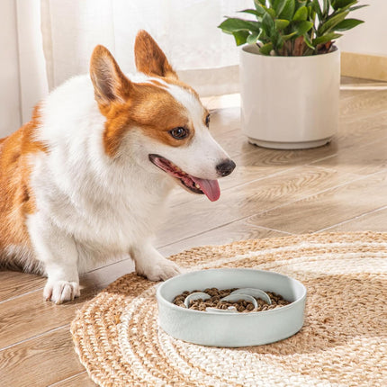 Slow Feeder Dog Bowl, 1.5 Cups Ceramic Dog Food Dish for Fast Eaters Small Breed, Puzzle Bowl for Small Dogs and Cats, Grayish Cyan.