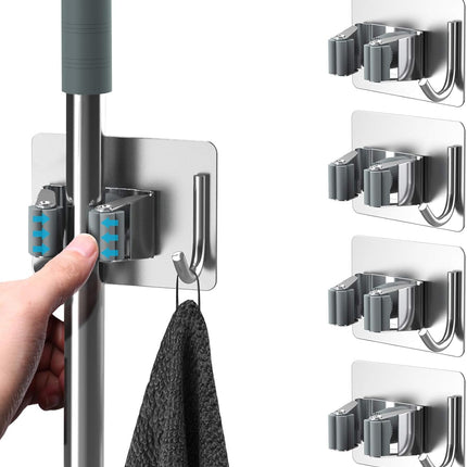 Mop Broom Holder No Drill, Mop Broom Organizer Wall Mounted Heavy Duty with Hooks Hanger, Self Adhesive Stainless Steel 4Pcs for Bathroom, Kitchen, Office (Silver).