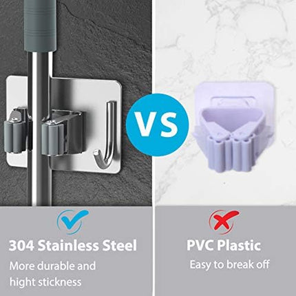 Mop Broom Holder No Drill, Mop Broom Organizer Wall Mounted Heavy Duty with Hooks Hanger, Self Adhesive Stainless Steel 4Pcs for Bathroom, Kitchen, Office (Silver).