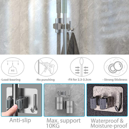 Mop Broom Holder No Drill, Mop Broom Organizer Wall Mounted Heavy Duty with Hooks Hanger, Self Adhesive Stainless Steel 4Pcs for Bathroom, Kitchen, Office (Silver).