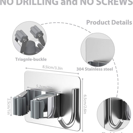 Mop Broom Holder No Drill, Mop Broom Organizer Wall Mounted Heavy Duty with Hooks Hanger, Self Adhesive Stainless Steel 4Pcs for Bathroom, Kitchen, Office (Silver).