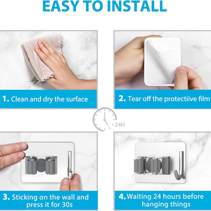 Mop Broom Holder No Drill, Mop Broom Organizer Wall Mounted Heavy Duty with Hooks Hanger, Self Adhesive Stainless Steel 4Pcs for Bathroom, Kitchen, Office (Silver).