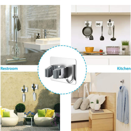 Mop Broom Holder No Drill, Mop Broom Organizer Wall Mounted Heavy Duty with Hooks Hanger, Self Adhesive Stainless Steel 4Pcs for Bathroom, Kitchen, Office (Silver).