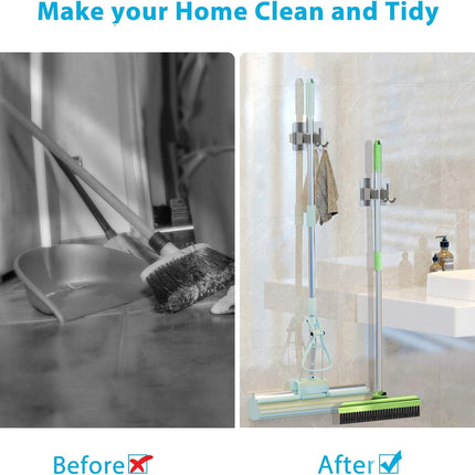 Mop Broom Holder No Drill, Mop Broom Organizer Wall Mounted Heavy Duty with Hooks Hanger, Self Adhesive Stainless Steel 4Pcs for Bathroom, Kitchen, Office (Silver).