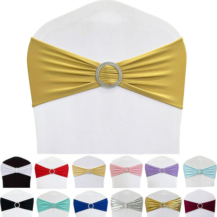 Spandex Chair Sashes Bands 50PCS Stretch Chair Ties Bows with Buckle Slider for Wedding Party Banquet Decoration (Gold)….