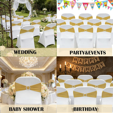 Spandex Chair Sashes Bands 50PCS Stretch Chair Ties Bows with Buckle Slider for Wedding Party Banquet Decoration (Gold)….