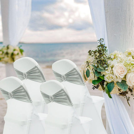 Spandex Chair Sashes Bands 50PCS Stretch Chair Ties Bows with Buckle Slider for Wedding Party Banquet Decoration(Metallic Silver)….